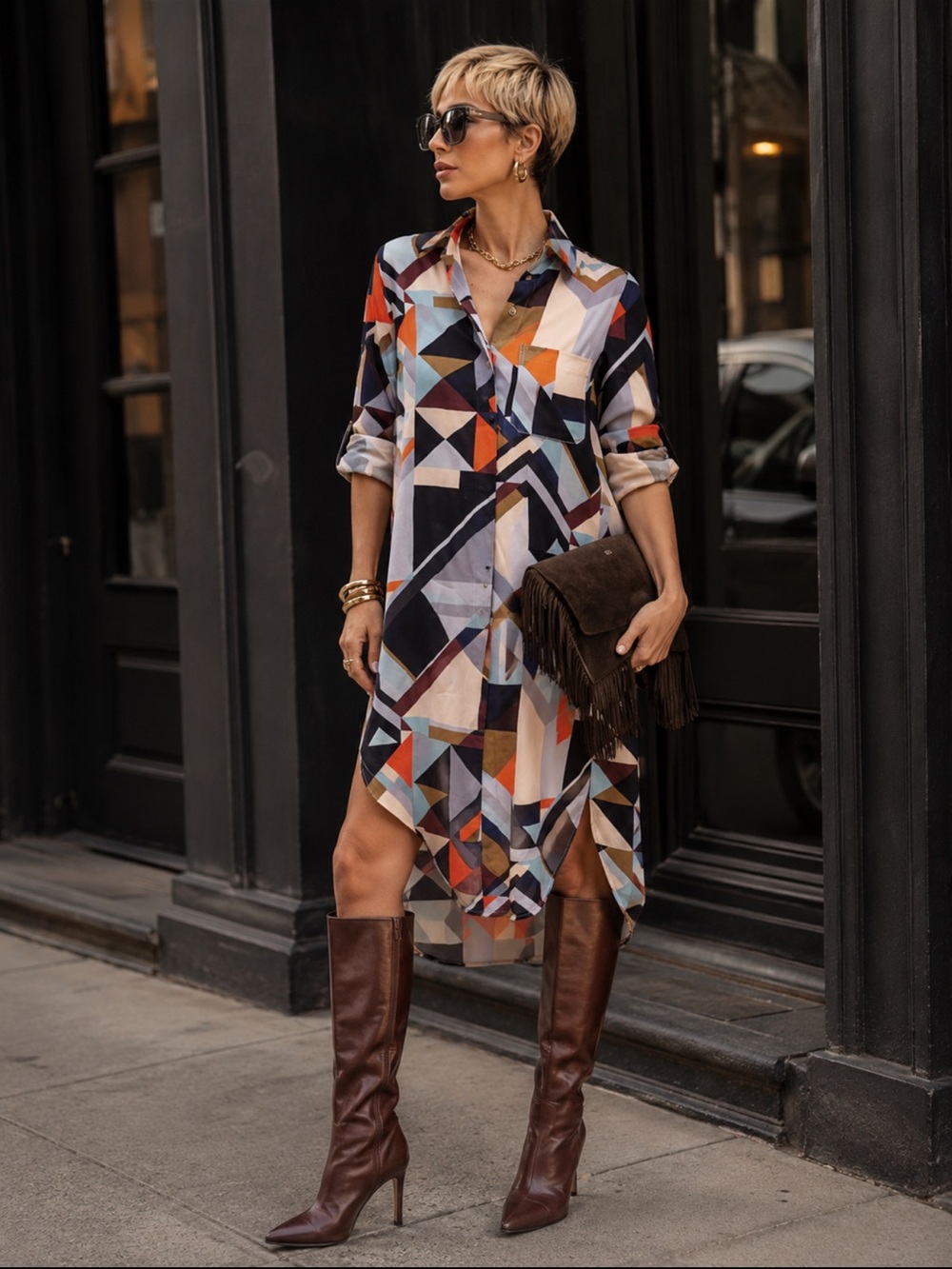 Foundrae Bauhaus Geometric Print 100% Silk Shirtdress Size 8 Rare